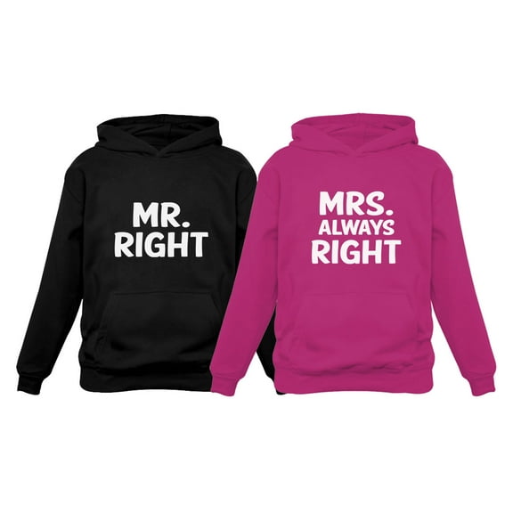 Mr Right Mrs Always Right Husband & Wife Funny Matching Couple Hoodie Set Mr. Black XX-Large / Mrs. Pink Small