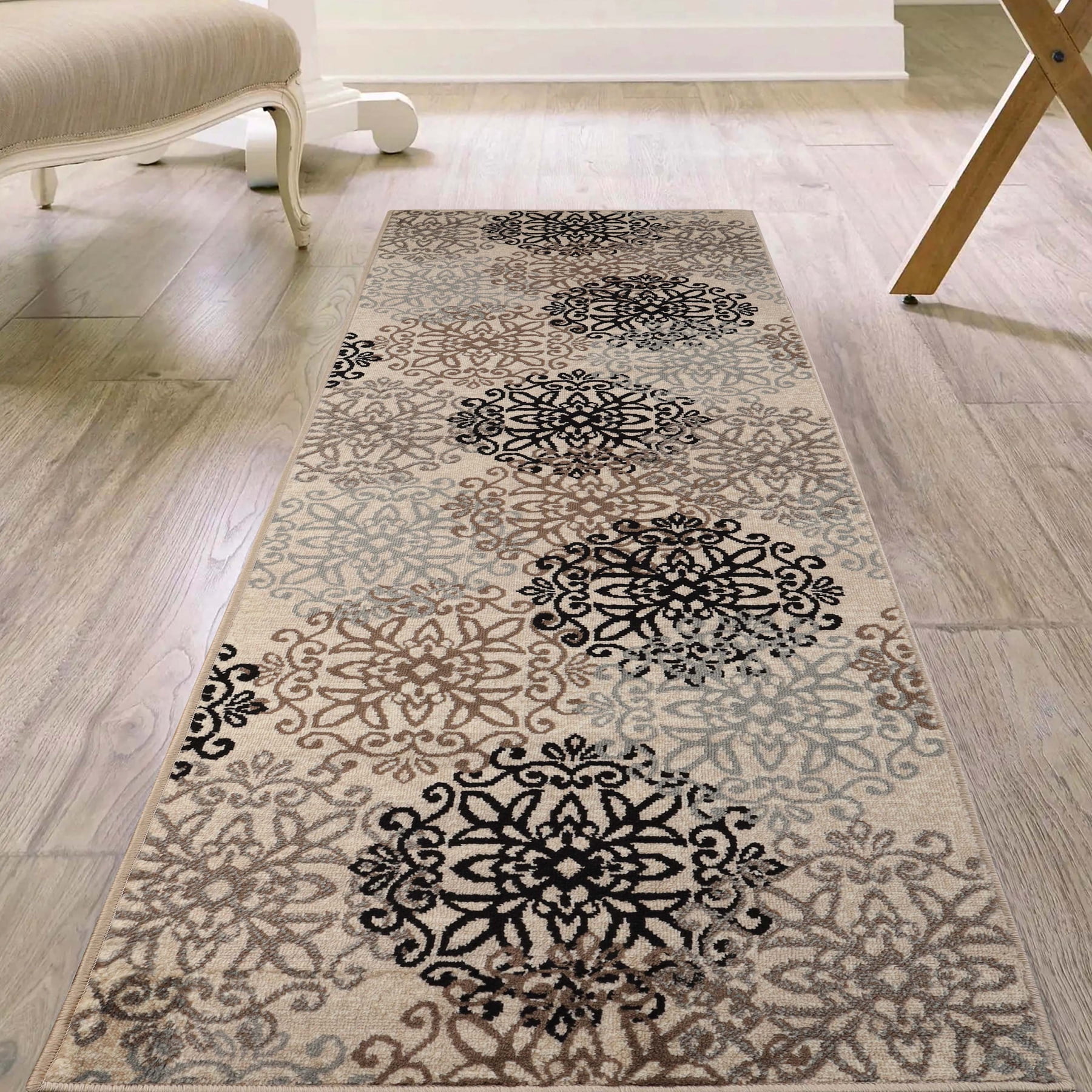 Superior Modern Floral Scroll Pet and Kid-Friendly Indoor Runner Rug, 2'x11', Beige