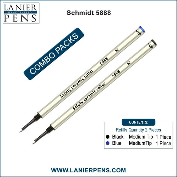 2X Schmidt 5888 M Safety Ceramic Rollerball Metal Refill Black/Blue Medium Tip