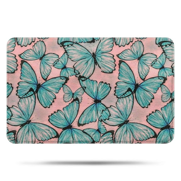 Blue Butterfly Pink Background Pattern Bathroom Rugs Mat,Non Slip Microfiber Bathroom Rug,Rubber Backing,Soft Bathroom Mats for Bathroom Floor,Tub and Shower,17x27in(43x68cm)