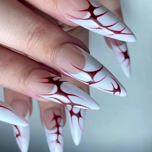 Uñas Postizas BABALAL Largas Estileto con Llama Blanca 24 Piezas
