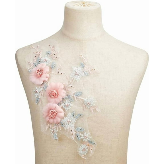 2Pcs 3D Pink Flower Appliques Floral Embroidery Lace Appliques Sew on Flower Bead Patches Decorative Repair Patch for Wedding Dress Gown Bodice Costume Clothing Craft DIY Pink