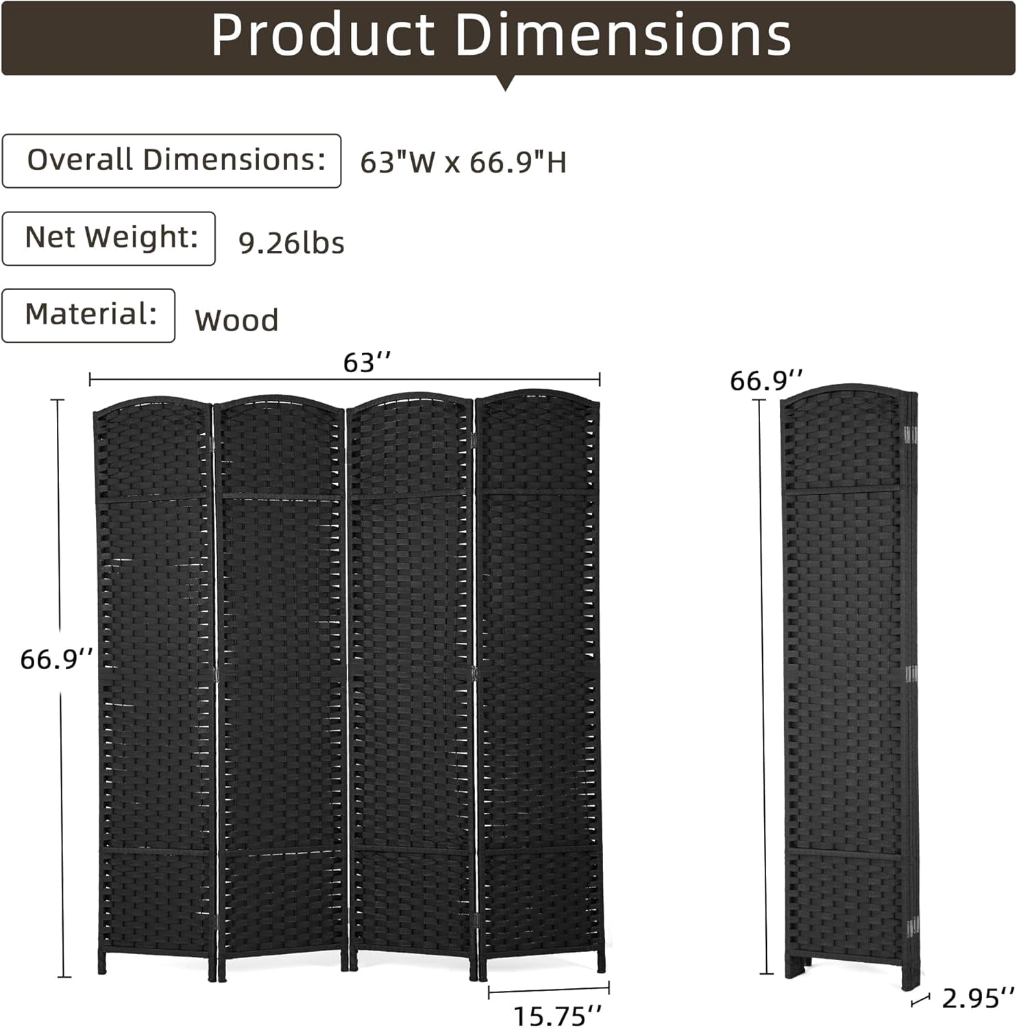 CL.HPAHKL 4 Panel Room Divider, Folding Privacy Screen 5.57 FT Tall Portable Wooden Wall Divider, Black