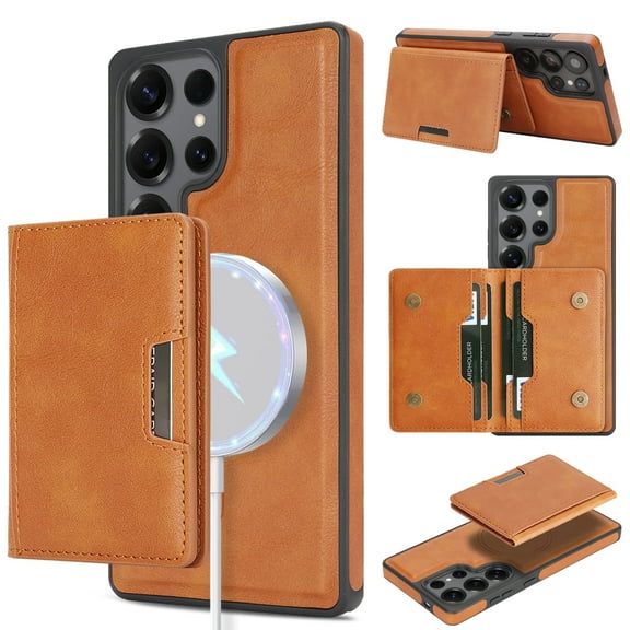 Allytechgroup 2 in 1 Magnetic Wallet Case for Samsung Galaxy S25 Ultra 6.9", Faux Leather Magnetic TPU Back Cover with Card Holder Shockproof [Compatible with Magsafe] Case for Women Men, Brown