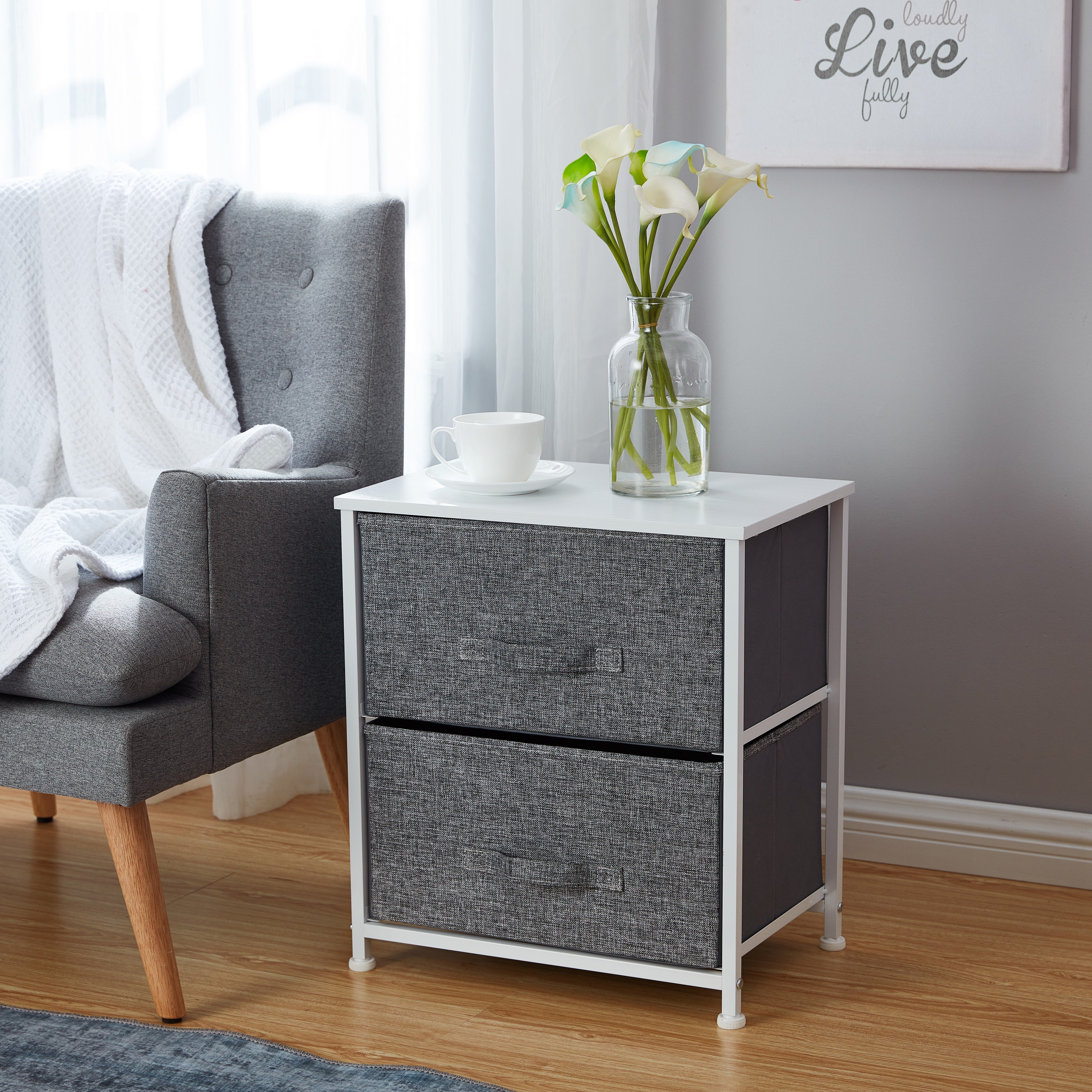 2 Drawer Vertical Storage Dresser Tower - White Wood Top - Sturdy Metal