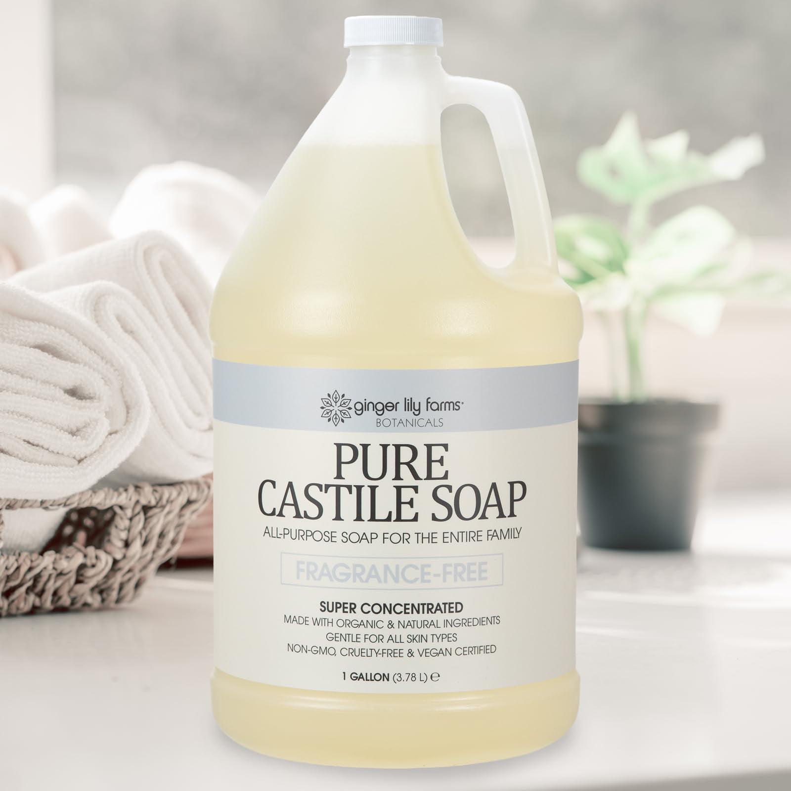 Ginger Lily Farms Botanicals Pure Castile Liquid Soap Refill, Fragrance-Free, 1 Gallon, All-Purpose Cleaner for Body, Face, Hair, Dishes, Laundry & Pets, Non-GMO, 100% Vegan & Cruelty-Free