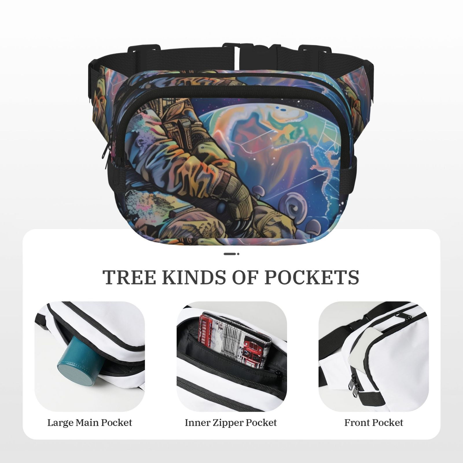 Picia Rainbow Astronaut Space Landscape Print Square Double-Layer Waist Bag Mini Adjustable Waist Belt Bag Exercise Running Travel Hiking