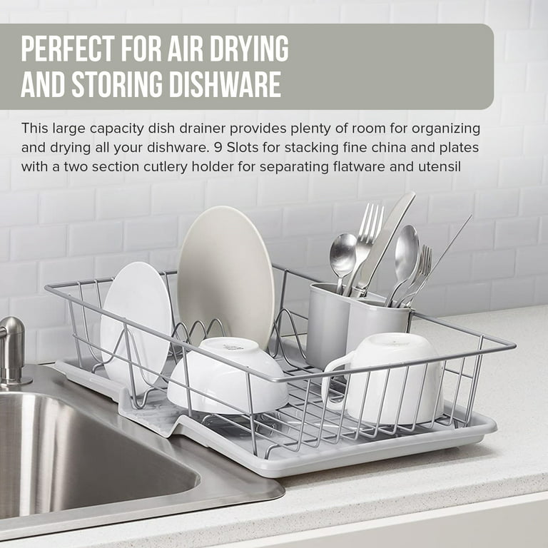 Joey'z 3-Pc Extra Large Dish Drying Rack with Drainboard and Utensil Holder  Set, Silver 