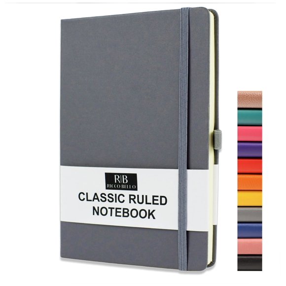 Classic Ruled Journal Notebook by RICCO BELLO - Hardcover, Vegan Leather, Elastic Band Closure, Pen Loop, Bookmark, Inner Pocket, 192 Lined Pages, 5.7 x 8.4 inches (Grey)