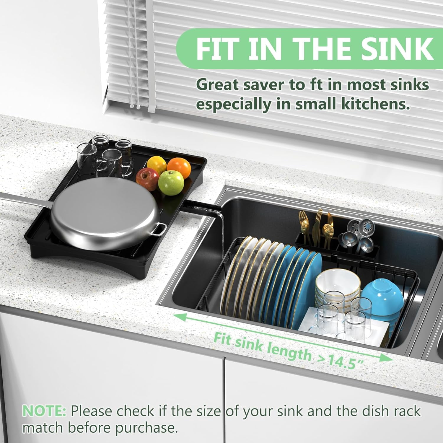 Expandable Dish Drying Rack- Space-Saving Dish Rack, Dish Drainers for Kitchen Counter with a Cutlery Holder, Over The Sink Dish Racks Fit for 14’’-19’’ Kitchen Sink