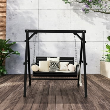 Ktaxon 4FT Porch Swing Stand, Black Wooden A-Frame with 600lb Capacity for Outdoor Swings