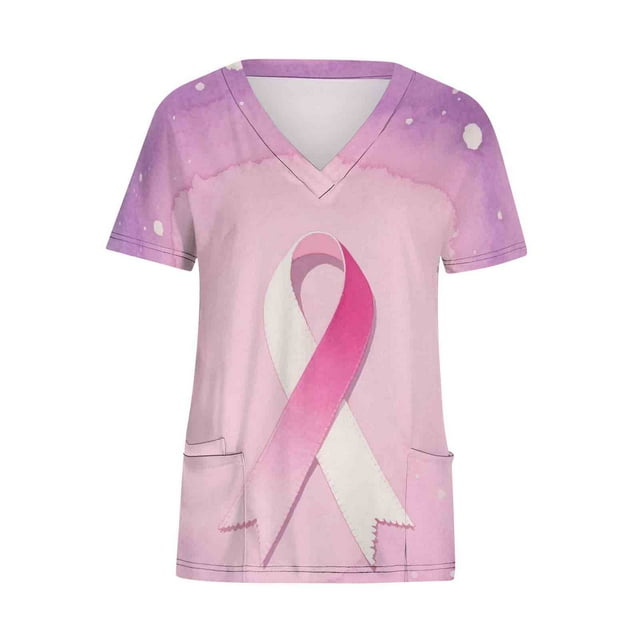 Scrub Tops for Women, Short Sleeve V-Neck Work Shirt with Pocket, Soft Stretch Fabric for Comfort, Ribbon Awareness Print