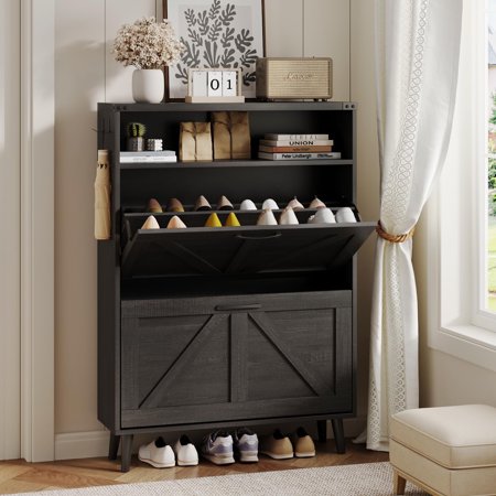 VEANERWOOD Shoe Cabinet with 2 Flip Drawers Narrow Farmhouse Shoe Rack Shoe Storage Cabinet for Entrywaym Black