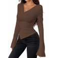 thumbnail image 2 of Women'S Long Sleeve Draped Neck Shirts Slim Fit Going Out Y2k Tops Blouses Fall Outfits Fashion Clothes Dark Brown XXL, 2 of 9