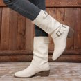 thumbnail image 2 of Shrysg Women's Mid Calf Vintage Double Buckle Comfortable Slouchy Boots Pointed Toe Chunky Heel Slip-On Boots for Fall Winter Daily Wear Party Office White, 2 of 9