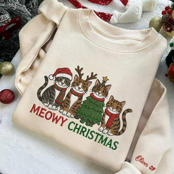 Embroidered Meowy Christmas Sweatshirt: Personalized Cat Lover Holiday Crewneck