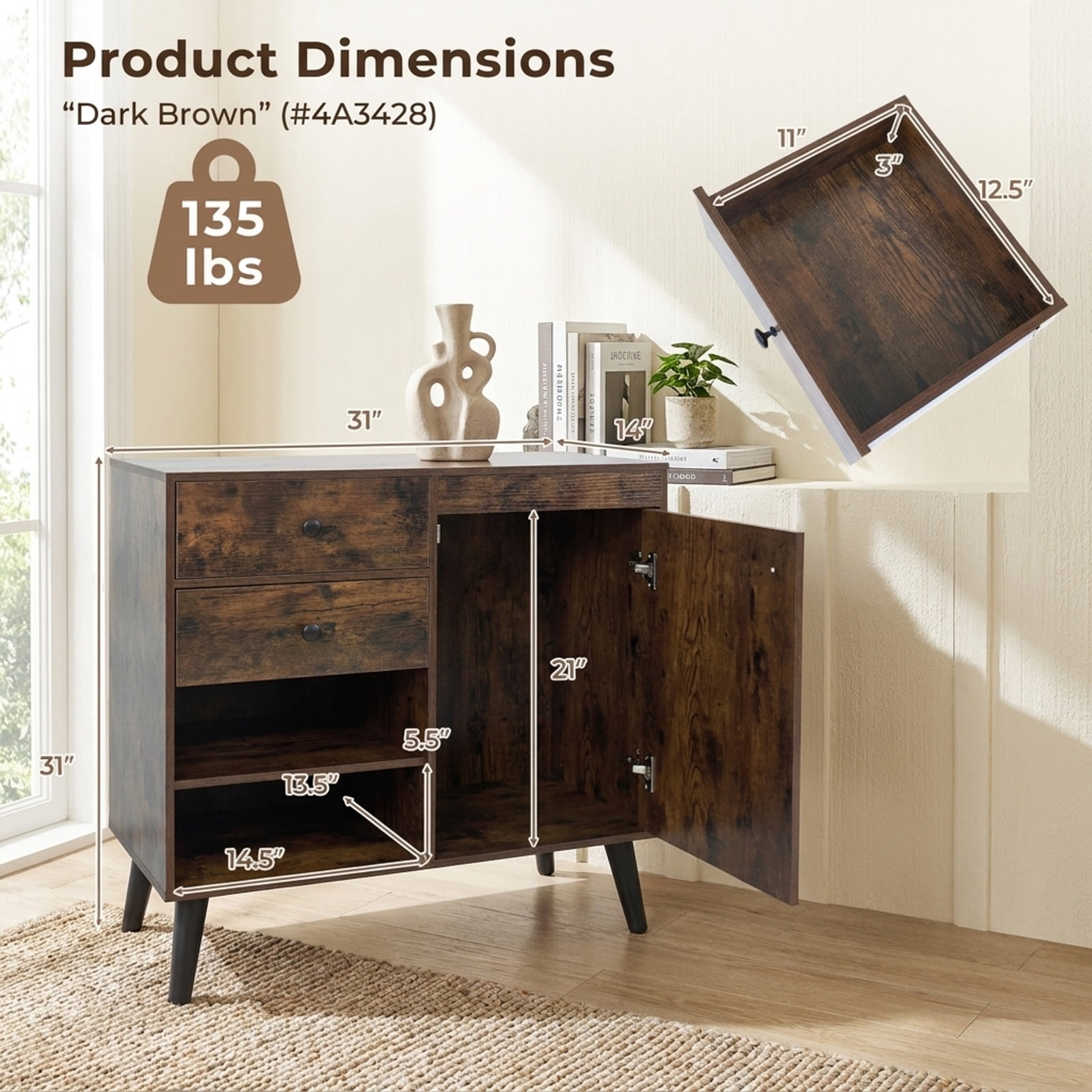 Furnibear 31" Sideboard Cabinet with 2 Open Compartments and 2 Drawers for Kitchen Dining Living Room Buffet Storage Server, Rustic Brown