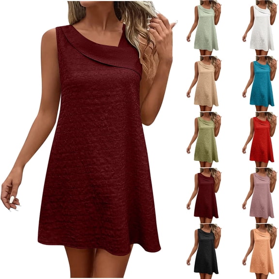 Yanhaigong Spring Saving!Plus Size Dresses for Women Casual,YANHAIGONG Mini Dresses for Women Summer Sleeveless Mini Dress,Women's Summer Casual Diagona Neck Swing T-Shirt Dresses Beach Cover Up
