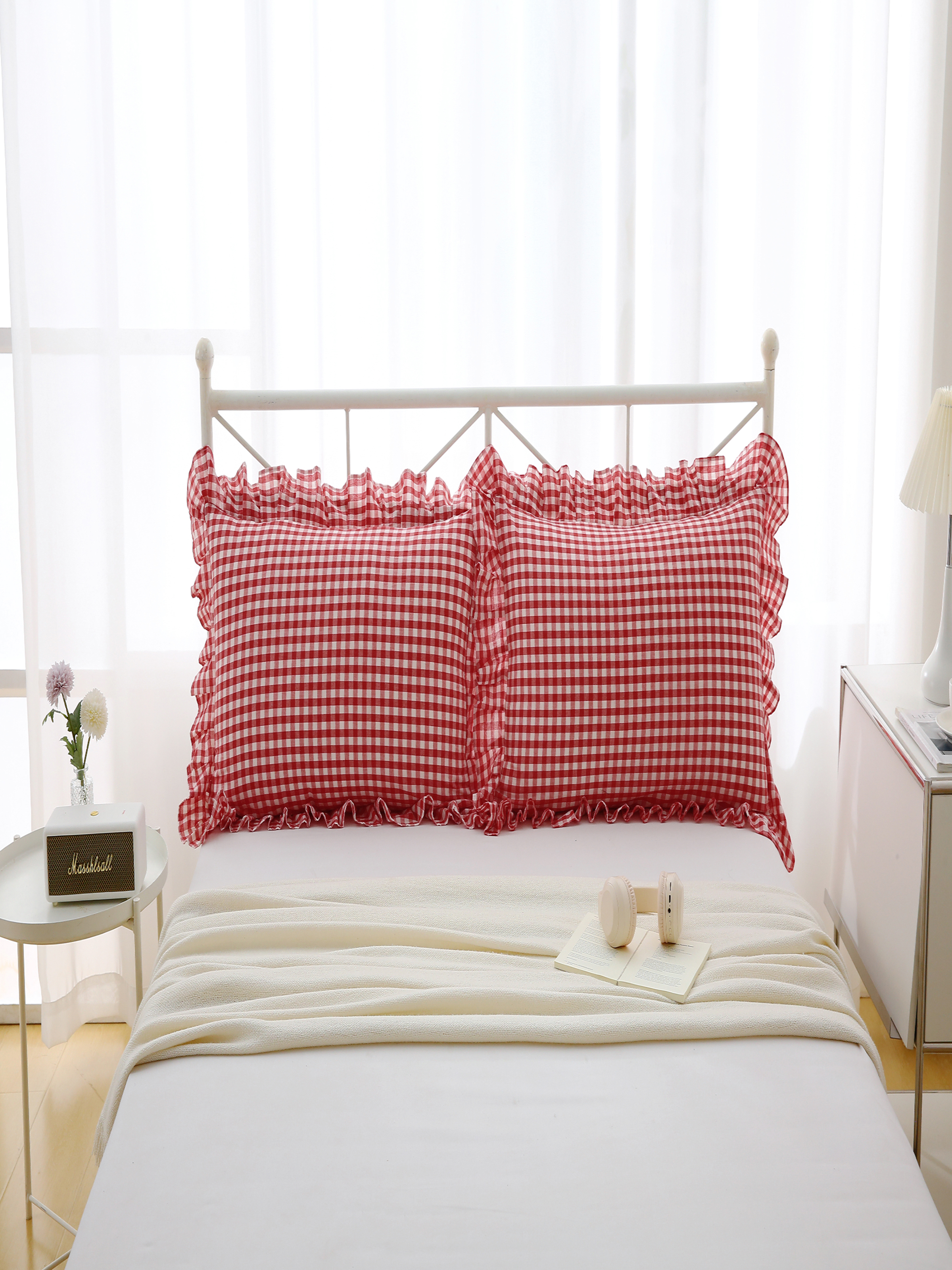 Red White Plaid Euro Pillow Shams with Ruffles Checkered Pillowcases Gingham Pillow Cases Washed Cotton Farmhouse Cottage Pillow Covers for Bed/Sofa(26X26inches,Red/White Plaid) 2 Pack