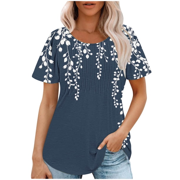 Tops Cortos para las Mujeres Cuello Redondo Suelto Impreso de Manga Corta, Tops Sueltos para las Mujeres