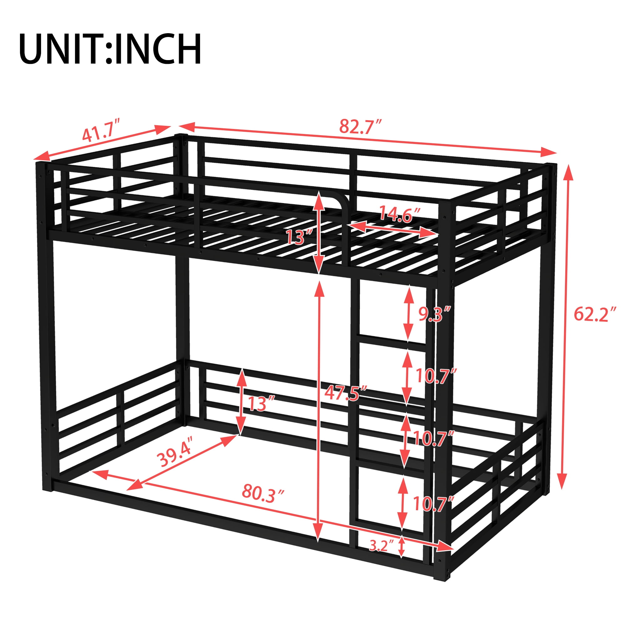 Leumius Metal Bunk Bed,Twin XL over Twin XL Floor Bunk Bed with with Ladder & Guardrails,Heavy-Duty Bunk Bed Frame for Kids,Teens,Adults,Noise-reduced Design, Black
