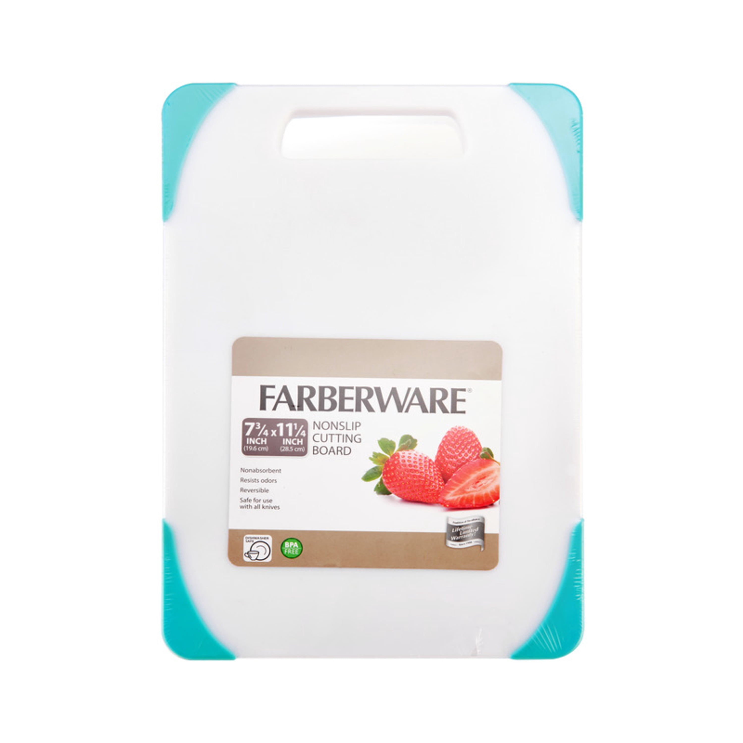 Farberware 7.75-inch x 11.25-inch Nonslip Poly/Plastic Cutting Board, Aqua Sky Corners