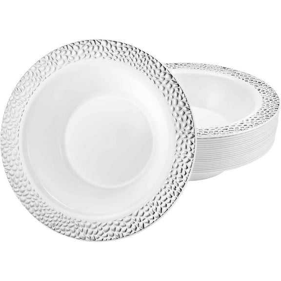 5oz Silver Round Plastic Bowl Pebble Design - Elegant Disposable Serving Bowl for Weddings, Parties, and Special Events - Durable, Reusable Tableware - Perfect for Catering and Buffets (10)