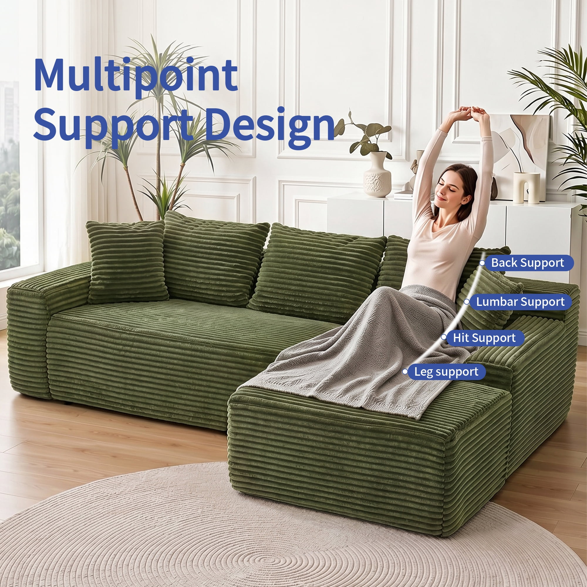 Leumius 95" Boneless Modular Sectional Sofa with Chaise,L-Shaped Comfy Corduroy Couch with Deep Seat,Upholstered Sectional Couch for Living Room, No Assembly,Green