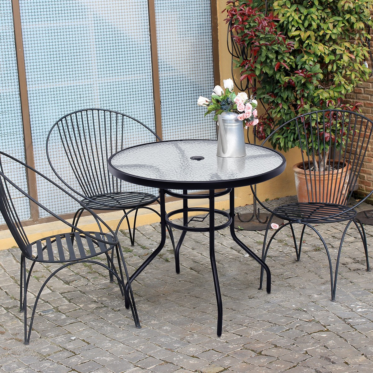 Goorabbit Outdoor Table With Umbrella Hole,Outdoor Round Tempered Glass Table Patio Metal Frame Dining Table, All Weather Outside Table for Garden,31.5x31.5x28.3",Black - image 3 of 9