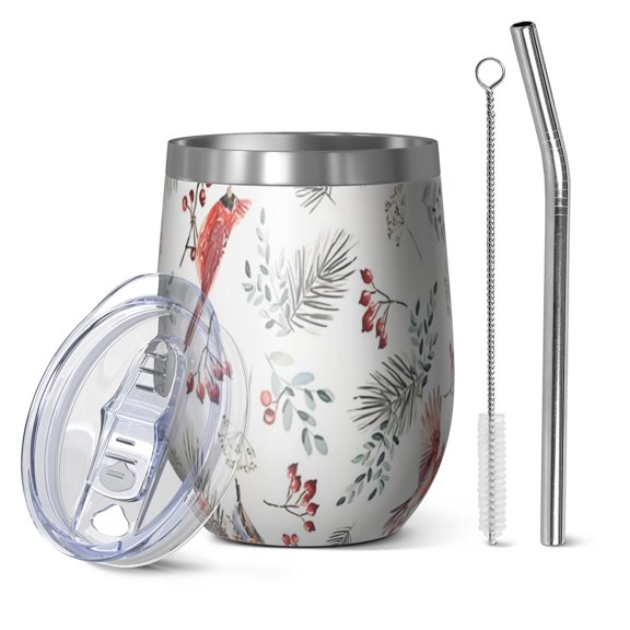 12oz Stemless Wine Tumblers White Christmas Bird and Pine Pattern Vacuum Insulated Stainless Steel Travel Tumbler Cups Mug with Lid and Straw for Champaign,Cocktail,Beer with Cleaning Brush