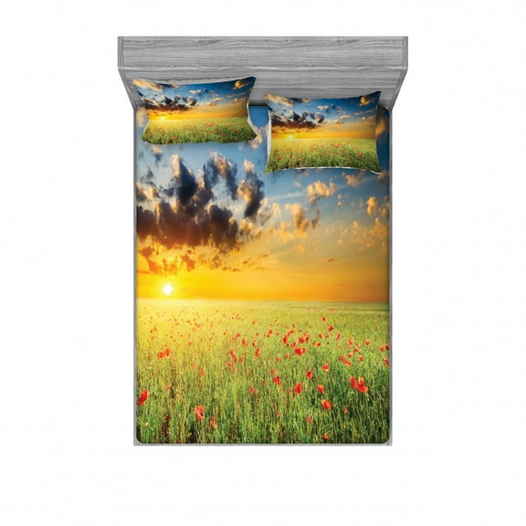 Ambesonne Nature Fitted Sheet & Pillow Sham Set, Sunset at Meadow Poppy, Full, Red Green Blue