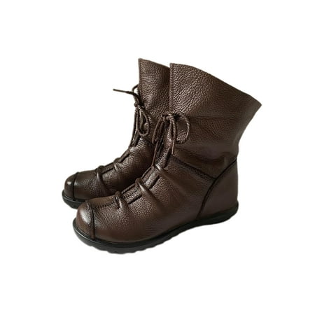 

Rotosw Womens Winter Shoes Leather Booties Side Zip Ankle Boots Casual Mid Calf Bootie Walking Anti-Slip Brown Plush Lined 5
