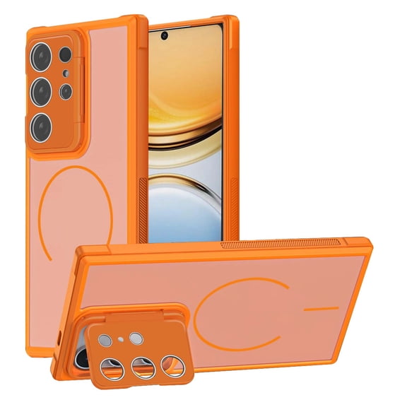 Magnetic For Samsung Galaxy S26 Phone Case,Compatible With Wireless charging,With Flip Camera Lens Peotector Kickstand,Heavy Duty Shockproof Matte Anti-fall,Anti-Scratch Phone Case,Orange