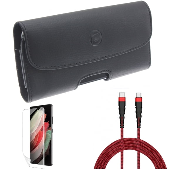 10ft PD Cable & Matte Screen Protector & Case Belt Clip for Samsung Galaxy S22 Plus (S22 ) - Combo Type-C to USB-C Charger Cord Power & TPU Film Anti-Glare & Leather Holster Cover