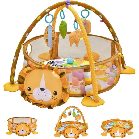 4-in-1 Baby Play Gym Mat - Infant Activity Center with Ball Pit, Tummy Time Play Mat & Safe Mesh for Ages 0-3 | Includes 4 Hanging Toys & 30 Balls | Soft, Washable, & Easy to Store