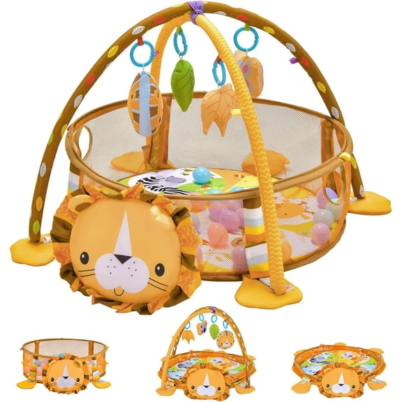 4-in-1 Baby Play Gym Mat - Infant Activity Center with Ball Pit, Tummy Time Play Mat & Safe Mesh for Ages 0-3 | Includes 4 Hanging Toys & 30 Balls | Soft, Washable, & Easy to Store