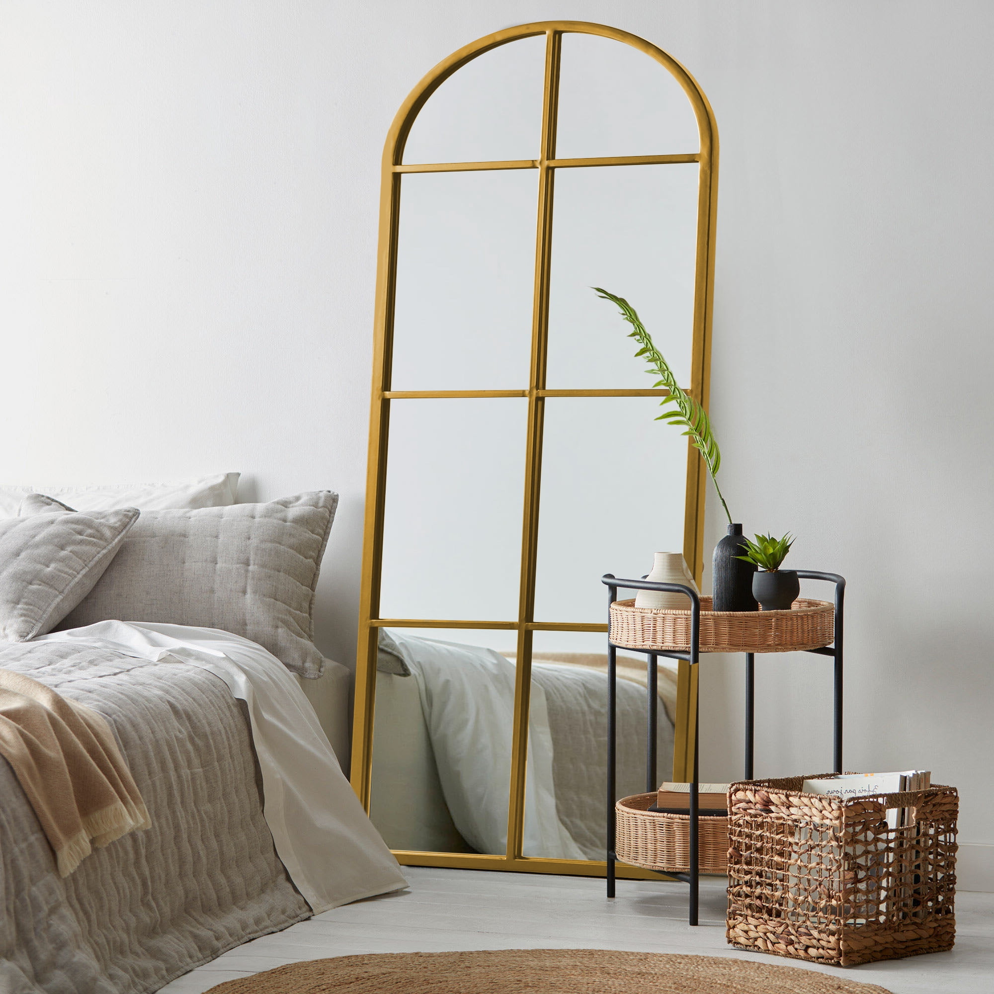 71"x32" Home Decorative Arched Iron Frame Window Mirror Wall Mounted Makeup Mirror,Gold