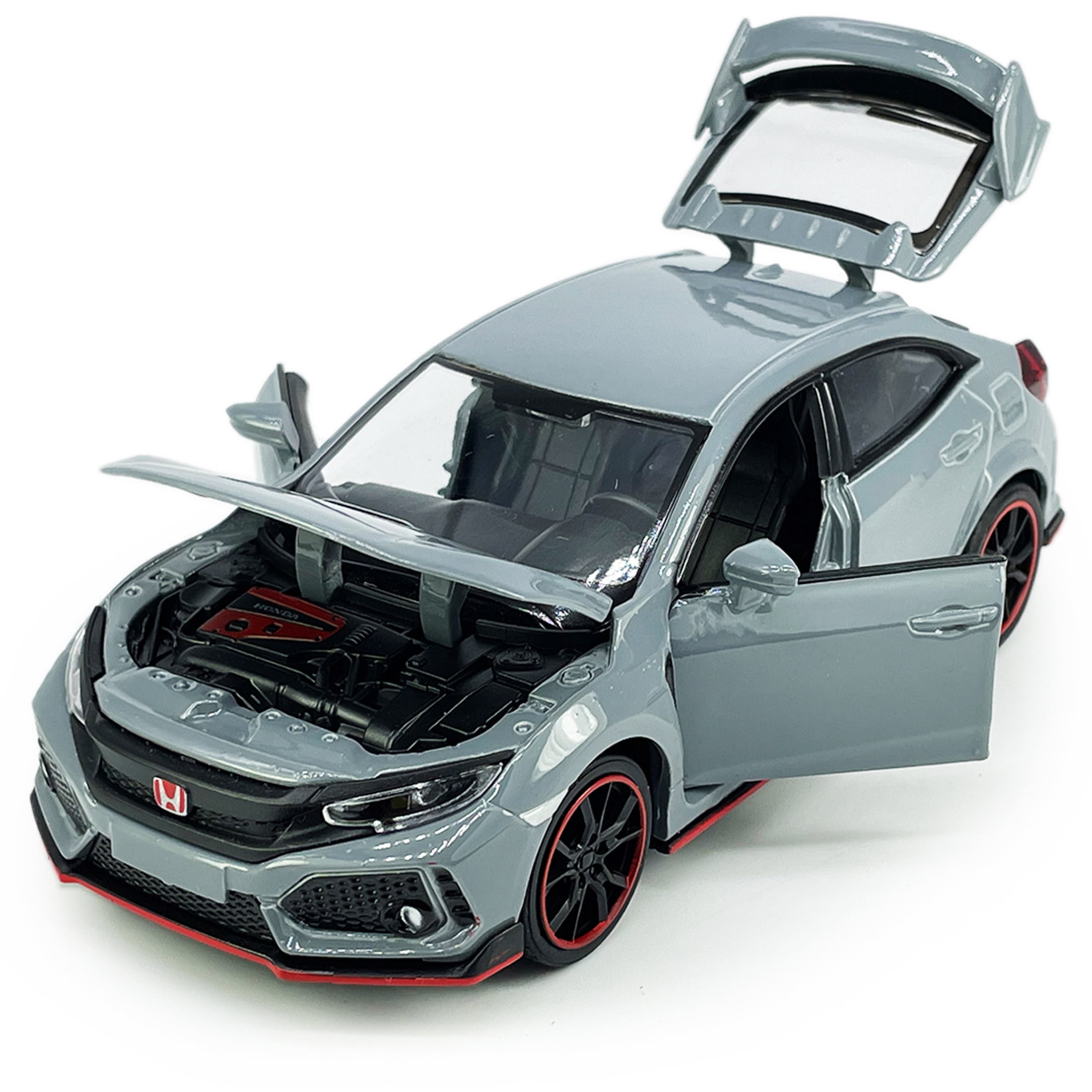 Civic Type R Hatchback Sports Diecast Car Model Toy Vehicle 1/32 Scale Metal Pull Back Friction Powered Vehicles Doors Open Light Sound Alloy Casting Toys Kids Boys Adults Birthday Gifts, Cement Grey