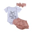 thumbnail image 4 of 3Pcs Tenue de Bébé à la Mode Filles, Été Doux Style Manches Courtes Col Rond Lettre Romper + Couleur Unie Froncé Pantalon + Ensemble de Coiffure, 4 of 4