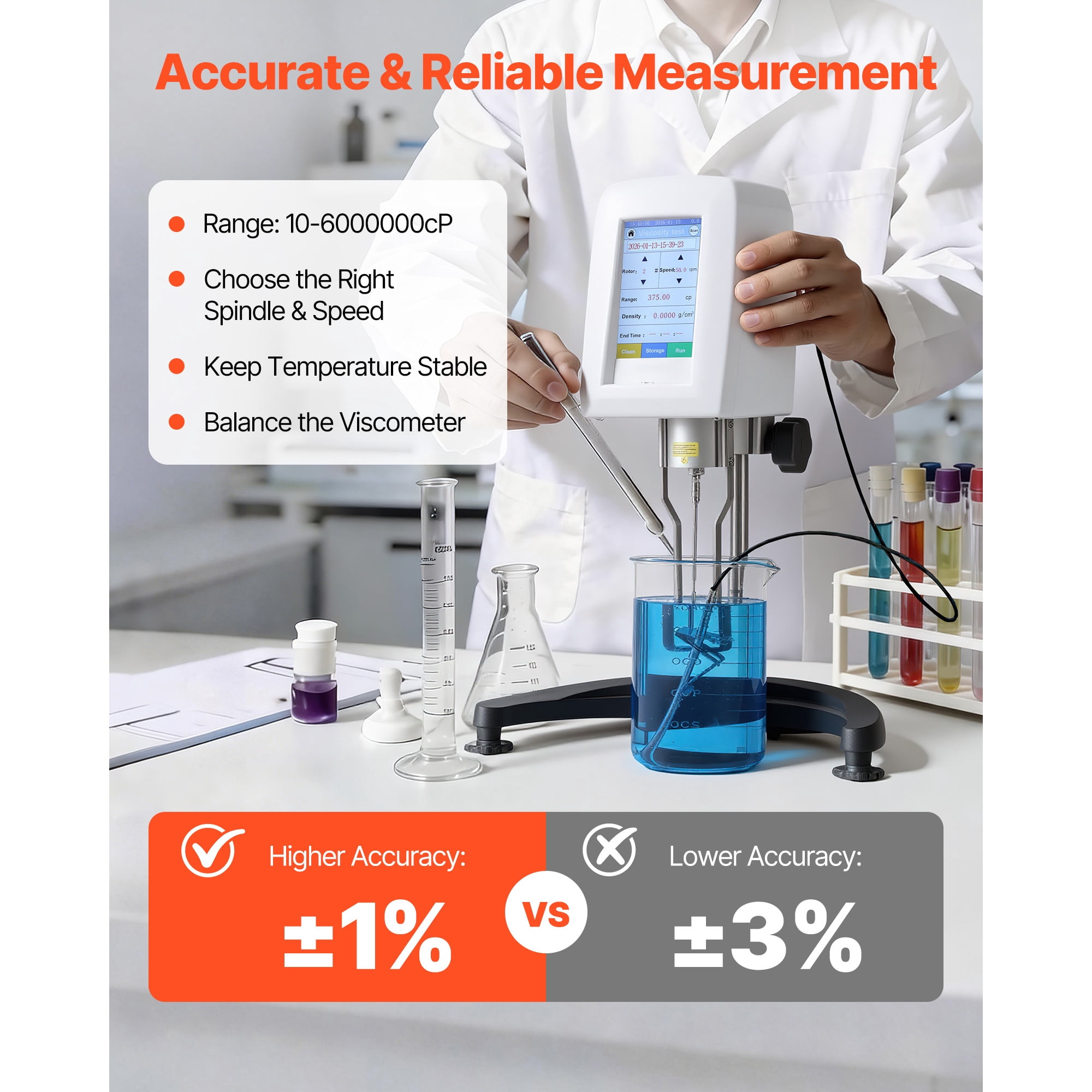 KFFKFF Digital Rotary Viscometer, 10-6,000,000 mPa.s(cP), ±1% Precision,100-240V Rotational Viscosity Meter with 4 Rotors and Temperature Sensor, Touchscreen, Laboratory Instrument for Fluid Analysis