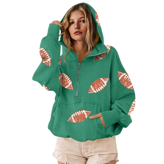 Game Day Hoodie for Women Oversized Half Zipper Long Sleeve Sweatshirt with Pocket Green M