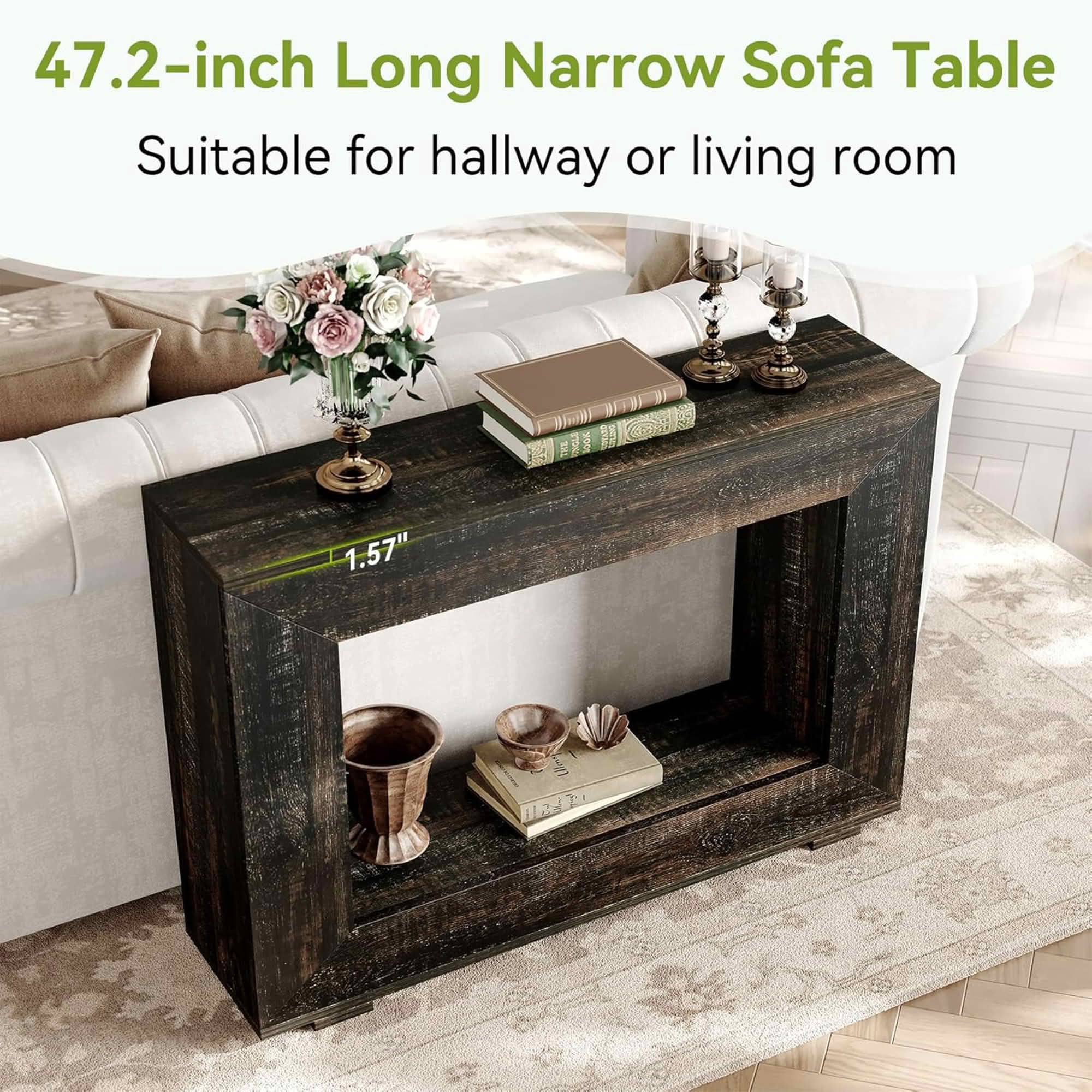 MAYEERTY 47.2" Farmhouse 2-Tier Console Table, E1 MDF Square Leg Entryway Sofa Table with Adjustable Anti-Slip Pads