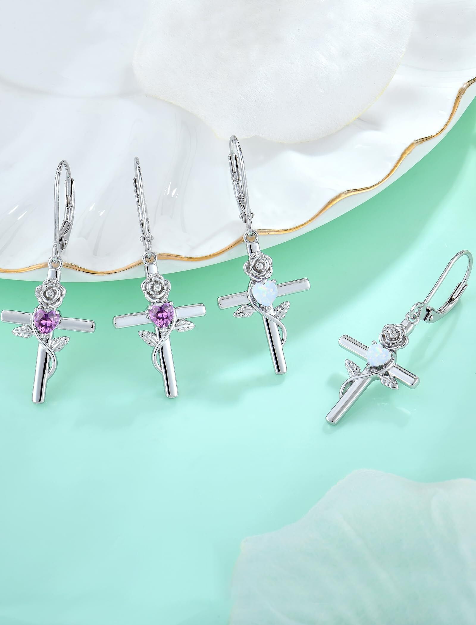 VESITIM Cross Earrings for Women Rose Flower Earring 925 Sterling Silver Dangle Drop Religious Jewelry Gift with Heart Created Amethyst Birthstones