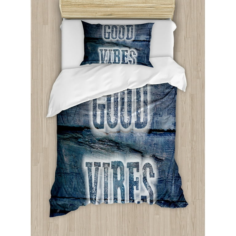 Good Vibes Duvet Cover Set Twin Size Inspiration Quote on Wooden Planks with Grunge Scratched Display Relaxation Decorative 2 Piece Bedding Set with