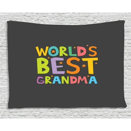 Grandma Tapestry, Best Grandmother Quote with Colorful Letters Doodle Stars on Greyscale Background, Wall Hanging for Bedroom Living Room Dorm Decor, 60W X 40L Inches, Multicolor, by