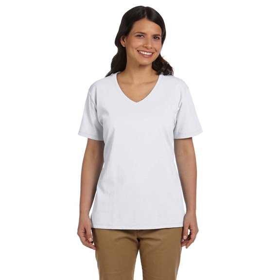 Hanes 5780 Cotton Ladies V-Neck T-Shirt - White - Small