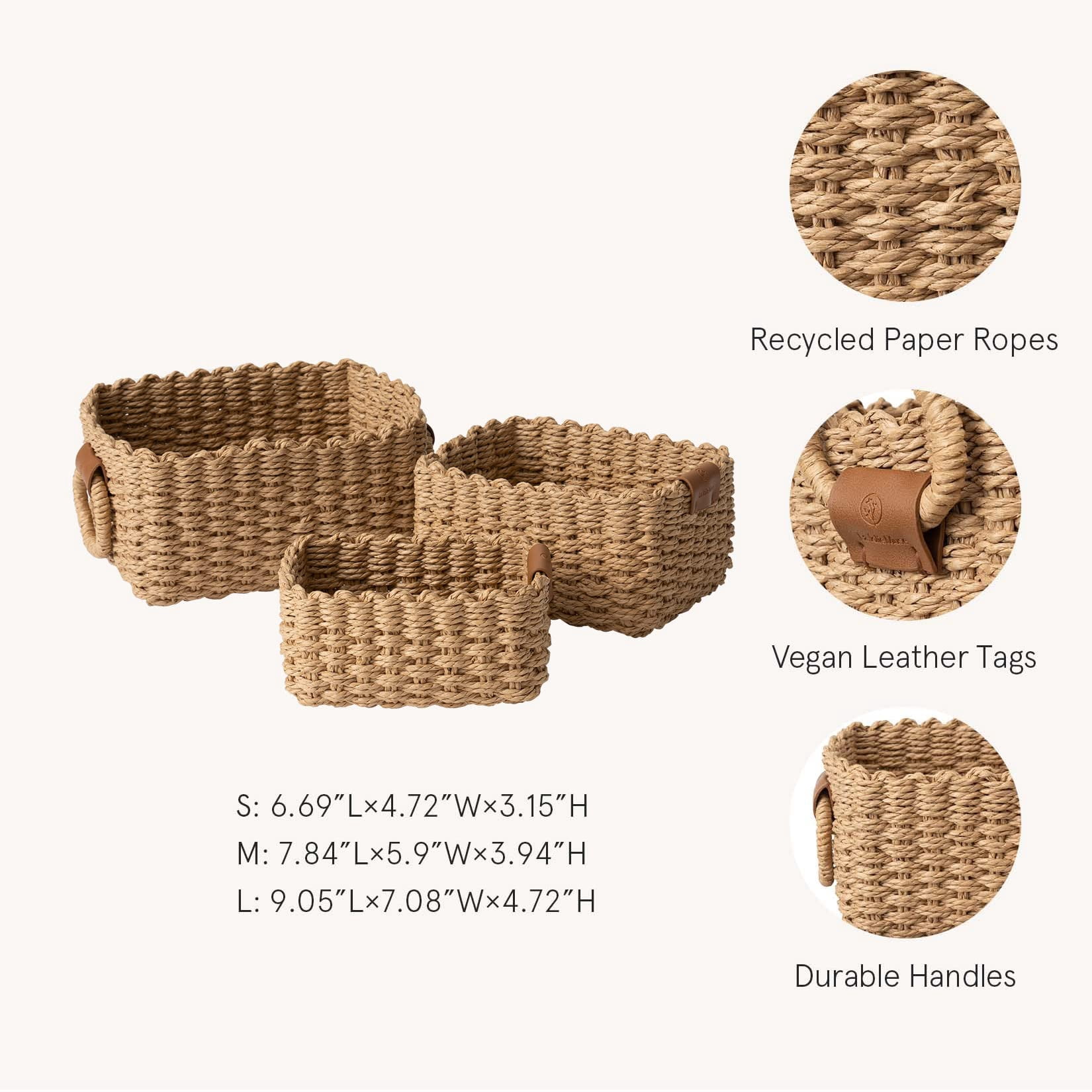 Asunby Small Wicker Baskets for Organizing, Recycled Paper Rope Storage Basket Container Bins for Shelves Bathroom Cupboards Drawer, Decorative Square Basket Organizer Set of 3