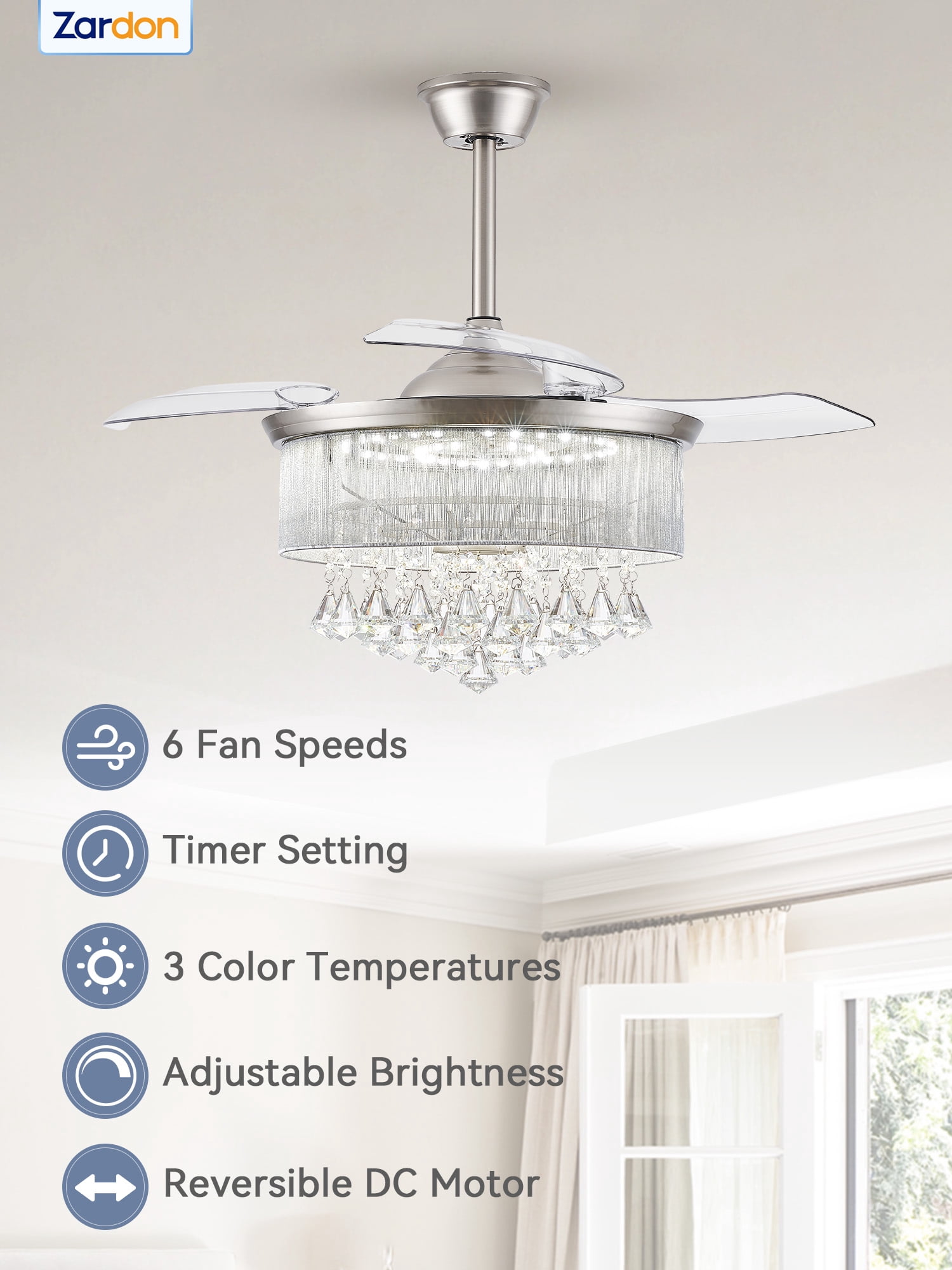 Zardon 42in Ceiling Fans with Light and Remote Control, Crystal Fandeliers with Reversible 6 Speeds, for Indoor, Nickel