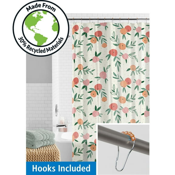 Mainstays Waterproof Peaches 30% Recycled PEVA Shower Curtain Set & Hooks, 13-Piece, Orange, Yellow