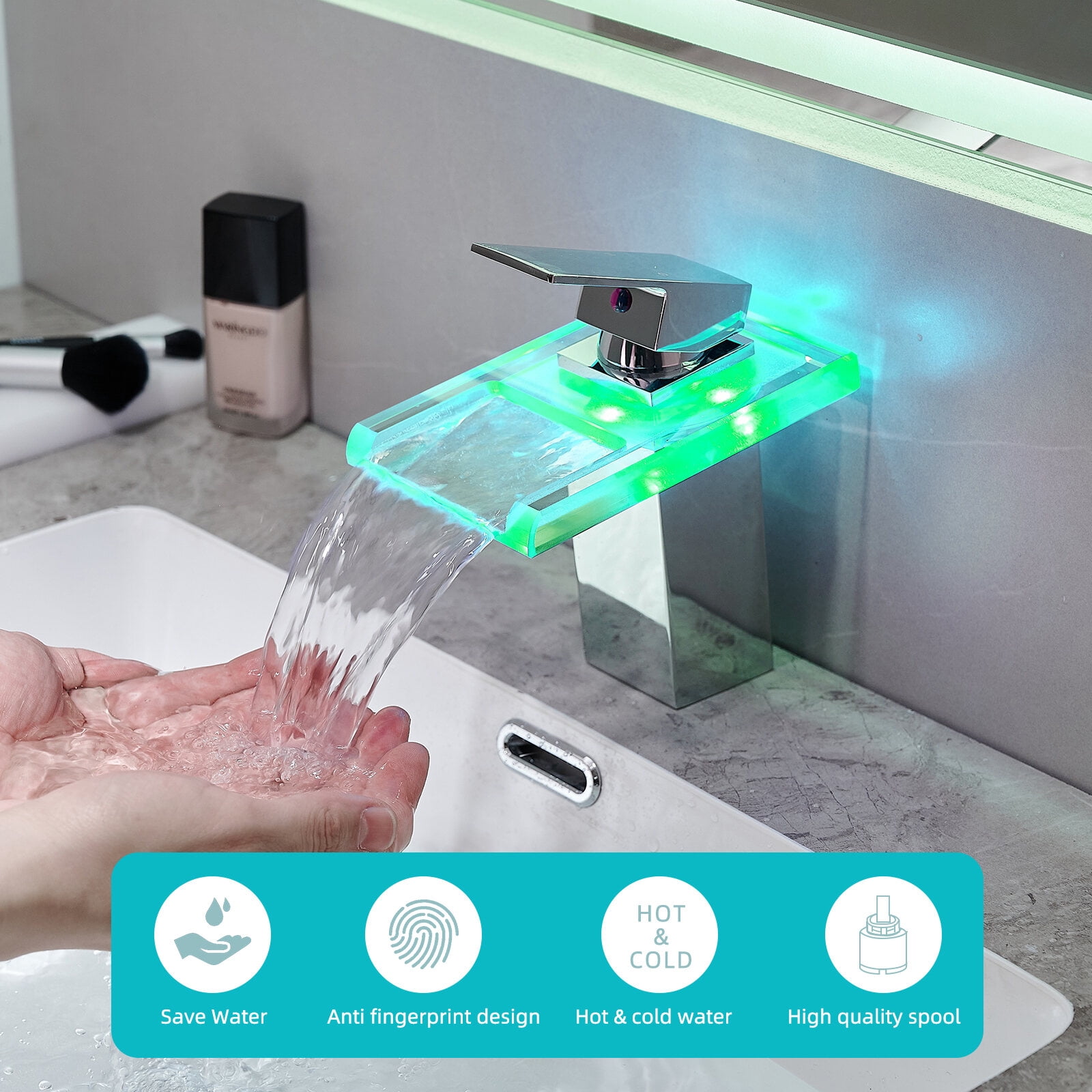 Bathroom Sink Faucet Led Light 3 Colors Changing Waterfall Glass Spout Hot Cold Water Mixer Single Handle One Hole Deck Mounted Bathroom Faucet Black Lavatory Vanity Basin Bath Plumbing
